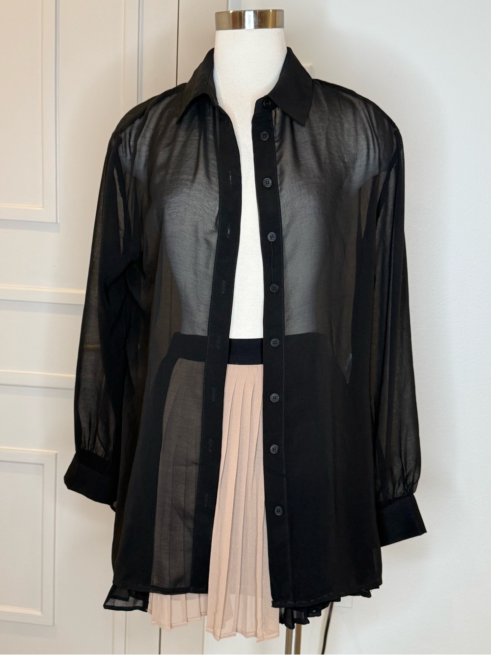 Black Sheer Button-Front Women's Blouse